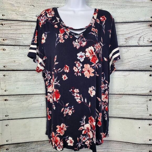 Maurices XXL Floral Criss Cross Tee Navy Red Stripe Sleeve Stretch Top - Picture 1 of 8